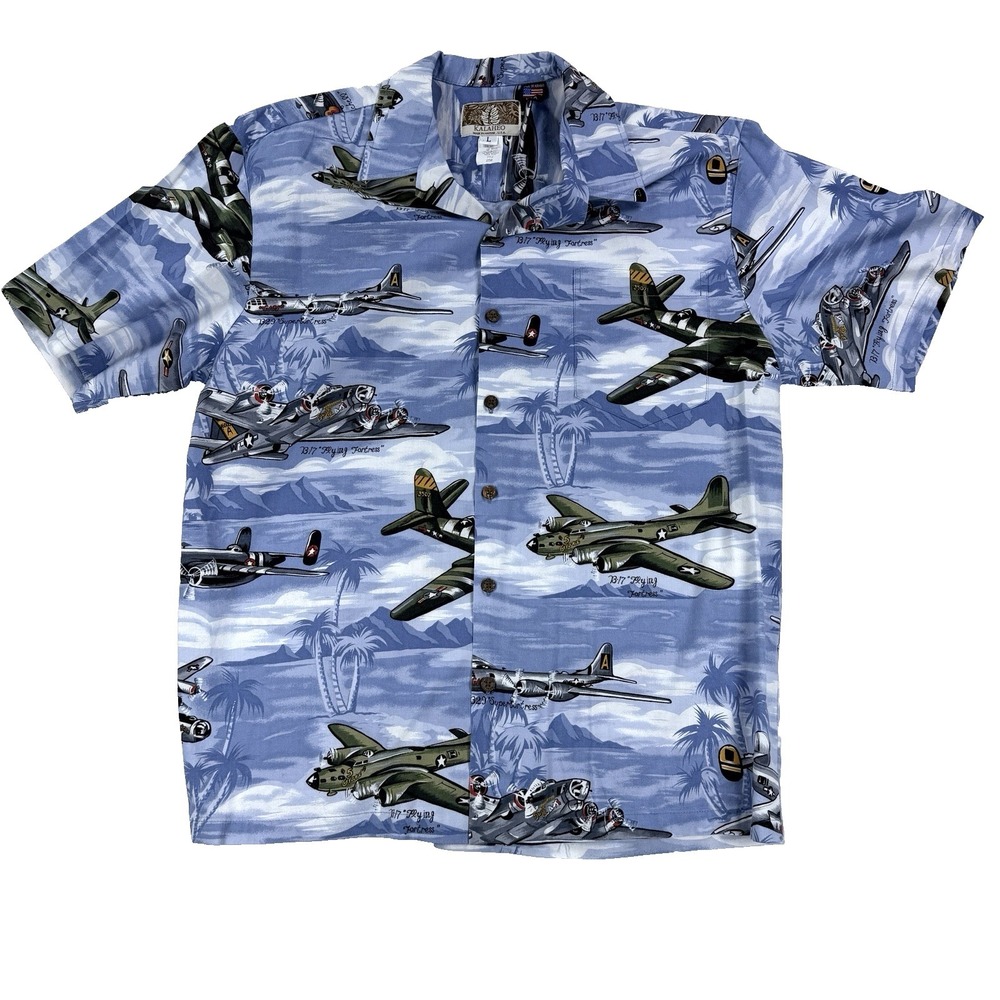 VTG Kalaheo Hawaiian Shirt Button Up War Plane Airplanes Blue Sz L Hawaii